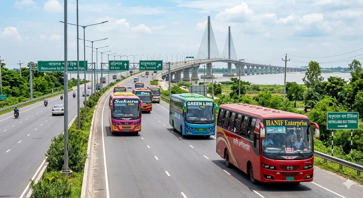 ঢাকা থেকে মোংলা বাসের সময়সূচি ও ভাড়া 3 পদ্মা সেতুর সংযোগ সড়কে দূরপাল্লার বাসের সারি