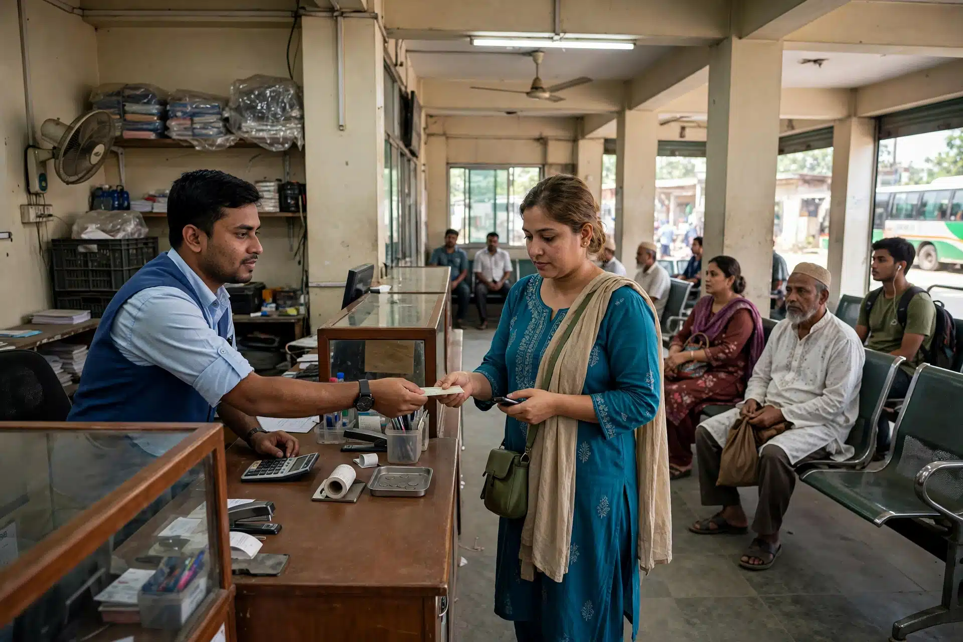 বাস কাউন্টারে শান্তি পরিবহনের টিকিট বুকিং